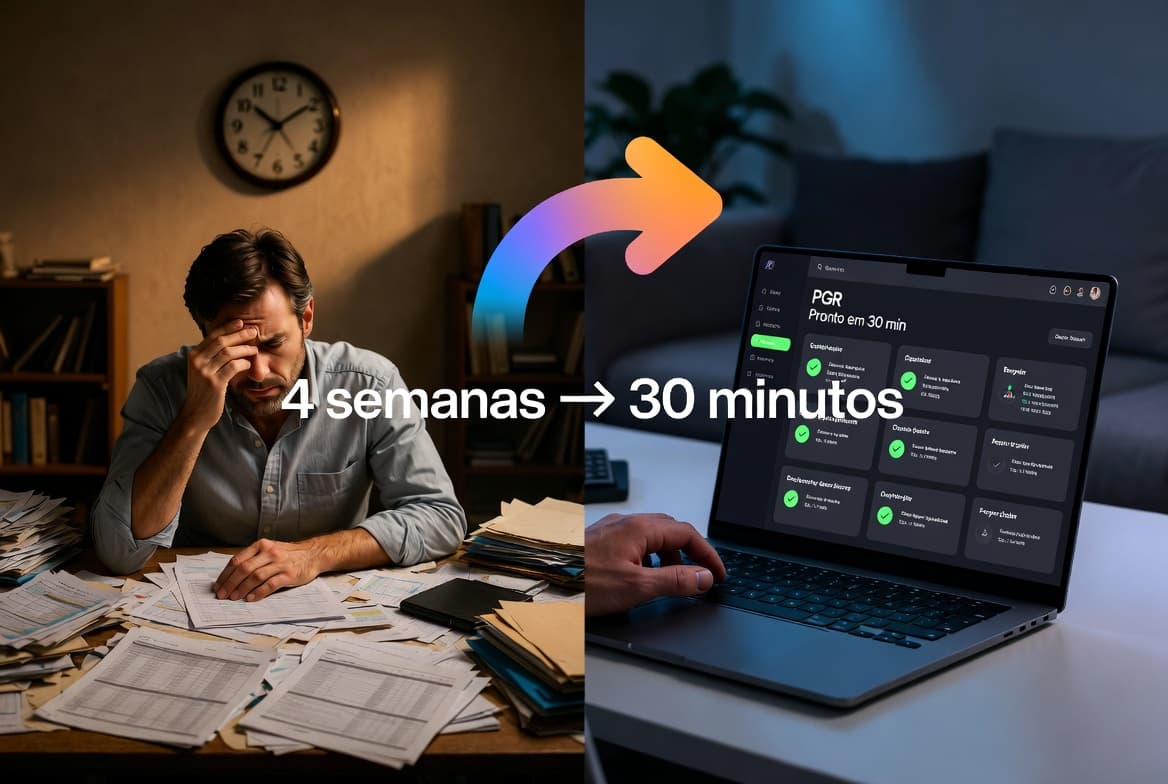 Antes: semanas gerando PGR manualmente. Depois: PGR pronto em 30 minutos na Plataforma Diligentia.